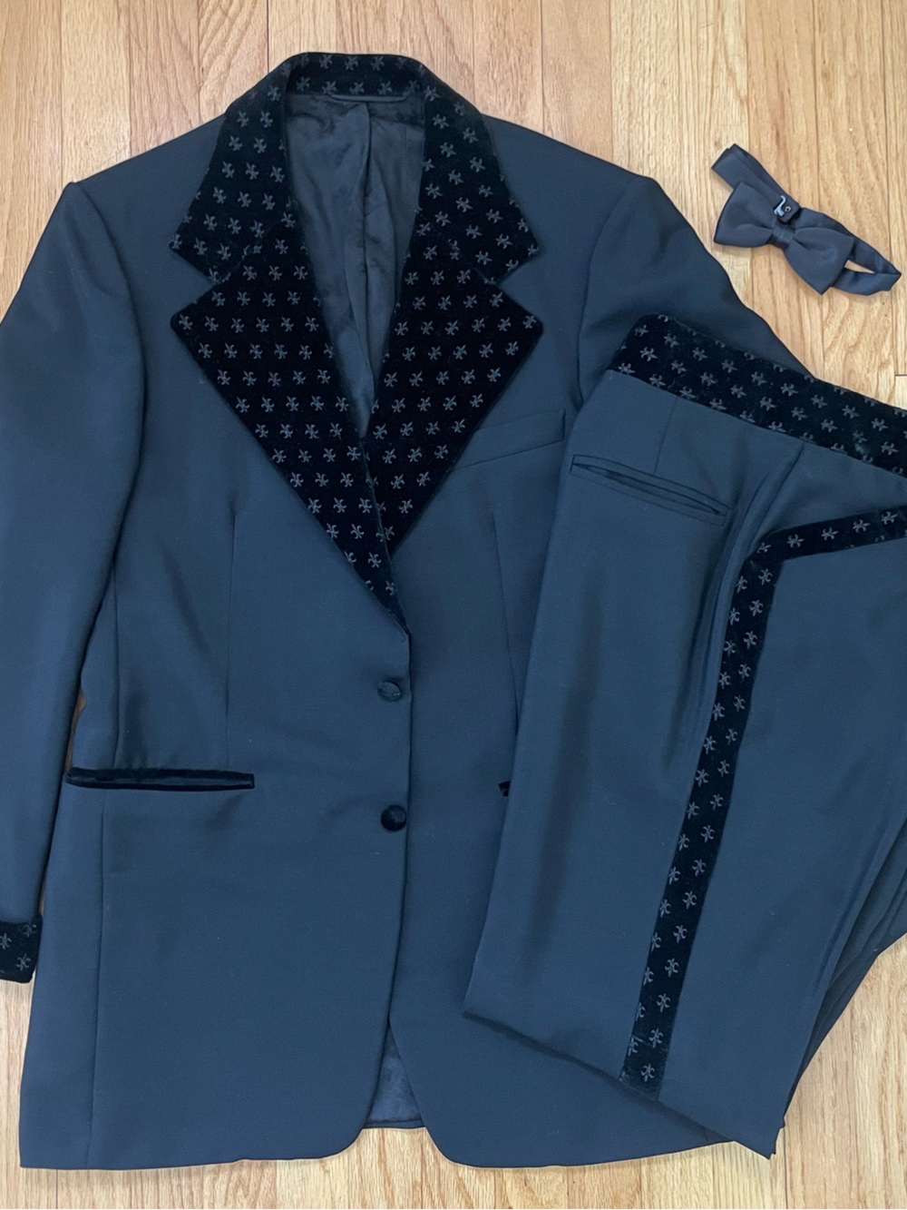 Men's Dark Gray Tuxedo Jacket & Pants with Black Velvet Trim